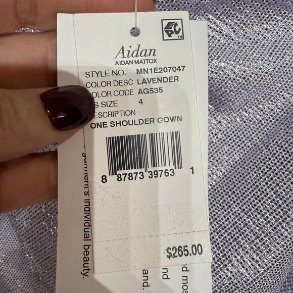 Aidan By Aidan Mattox Lavender Metallic One Shoulder Maxi Gown Sz 4 NWT - Picture 8 of 14